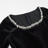 Women's Elegant Beaded Velvet Square Neck Rhinestone Long Sleeve Dress – Winter Formal/ New Year’s Dress