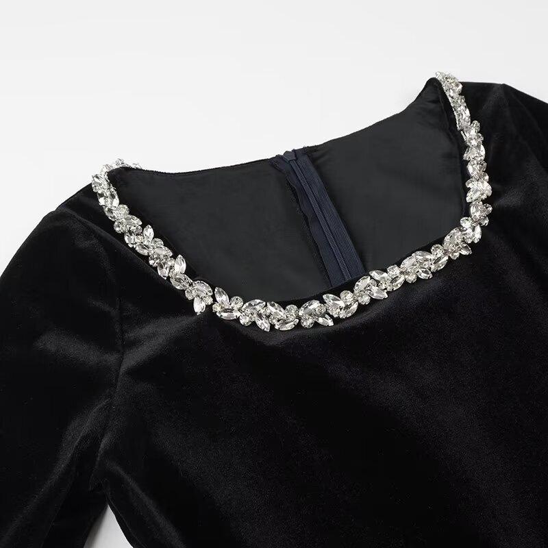 Women's Elegant Beaded Velvet Square Neck Rhinestone Long Sleeve Dress – Winter Formal/ New Year’s Dress