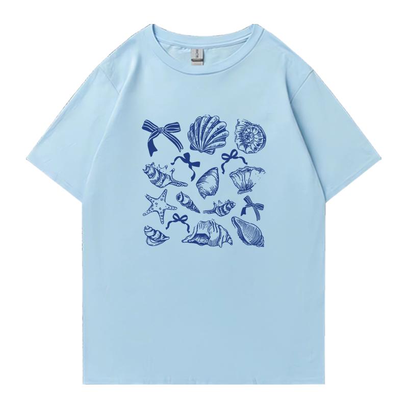 Hot sale Women's Ocean Animal Conch Bow Pattern Oversized t-shirt Unisex Cotton Men Women Casual short sleeve t-shirt Summer Top