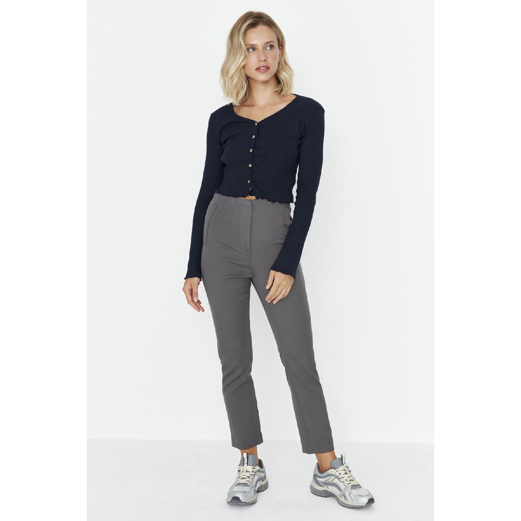 Czarne tkane spodnie w papierosowe wzory, z wysokim stanem i do kostek Twoss20pl0515