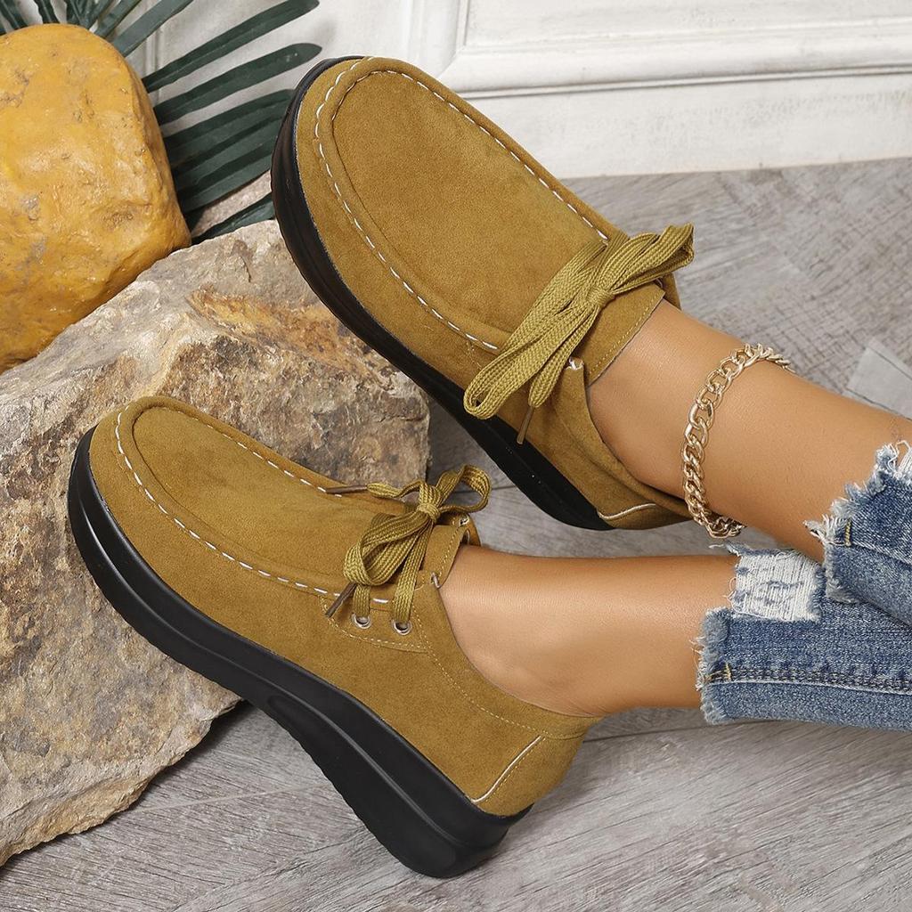 Fashion Suede Leather Platform Loafer Thick Sole Wedge Casual Chunky Shoes Women Trend 2024 Lace-up Womens Comfortable Walking Shoes