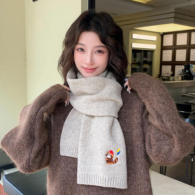 Cartoon embroidered knitted scarf women's autumn and winter new Korean solid color atmosphere cold and warm scarf