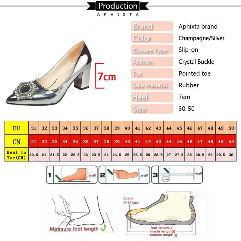 Fashion Aphixta Fashion Bling Champagne 7cm Chunky Heels Pumps Women Shoes Luxury Crystals Sun Buckle Party Wedding Super Big Size 30-50