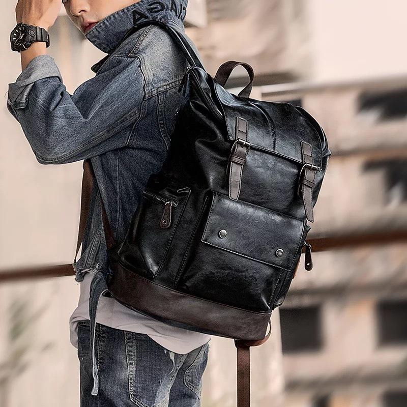 TS JYL laptop bag,Trendy Korean PU Leather Backpack Large Capacity Travel Student Backpack