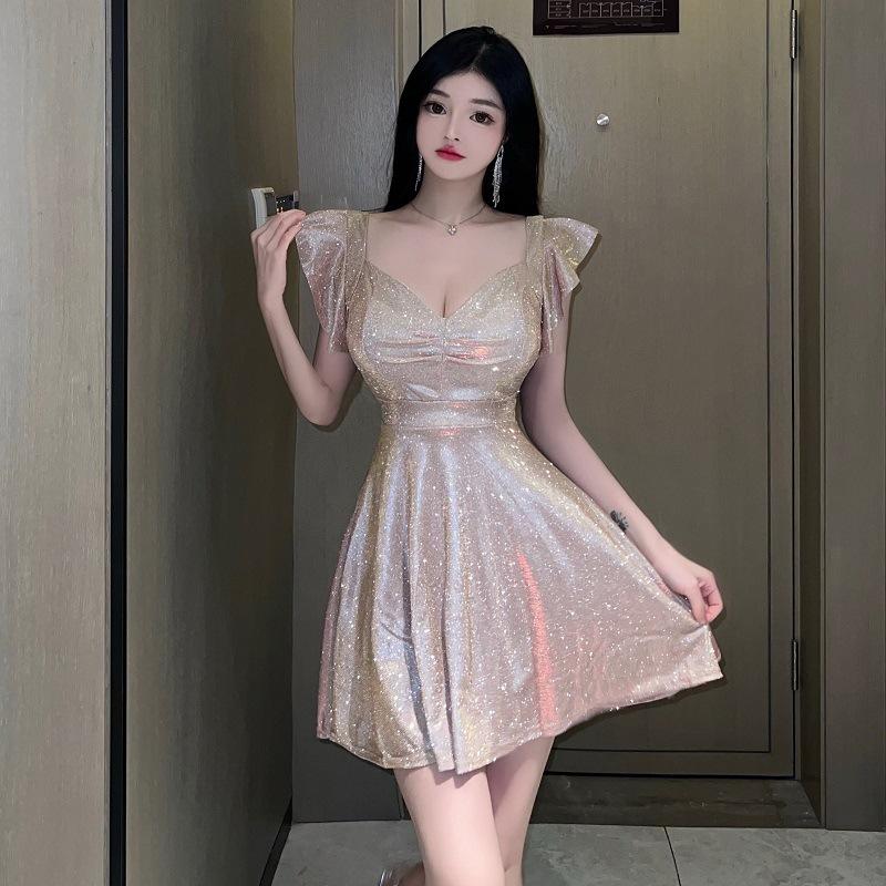 

Sexy low-cut backless Feifei sleeves low-cut square-necked big swing short skirt Spice girls women s clothing waist and thin dress S шампанского