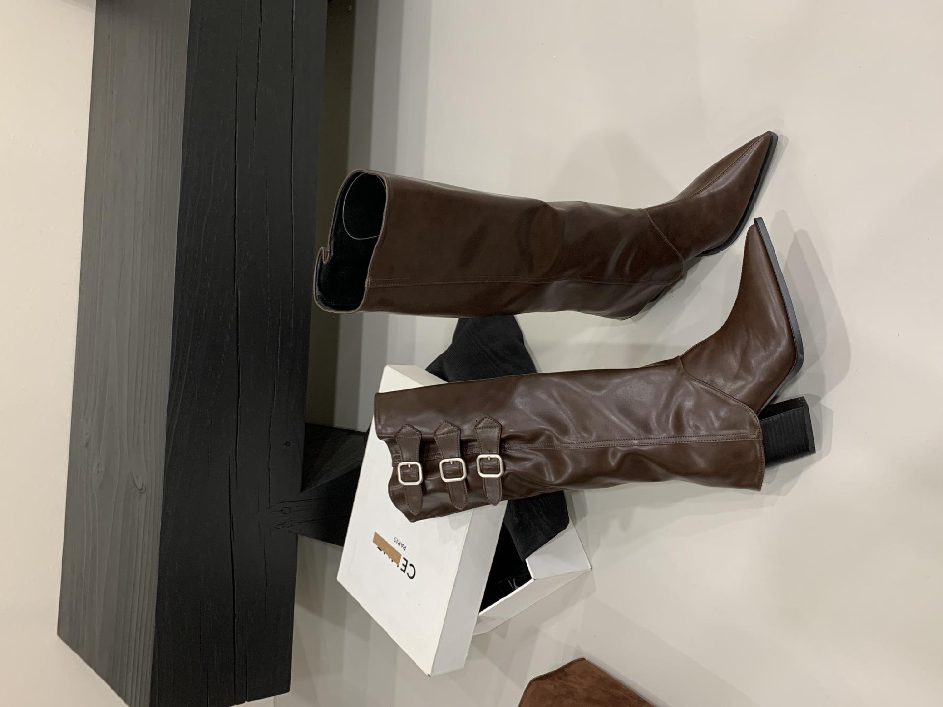 

Thick heel pointed detachable long western boots women s shoes 2025 autumn and winter new two-wear long boots knight boots 39 коричневый