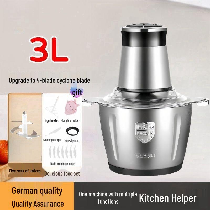 Stainless Steel Electric Meat Grinder & Multi-function Food Processor with Dough Kneading, Garlic Paste, and Vegetable Shredder