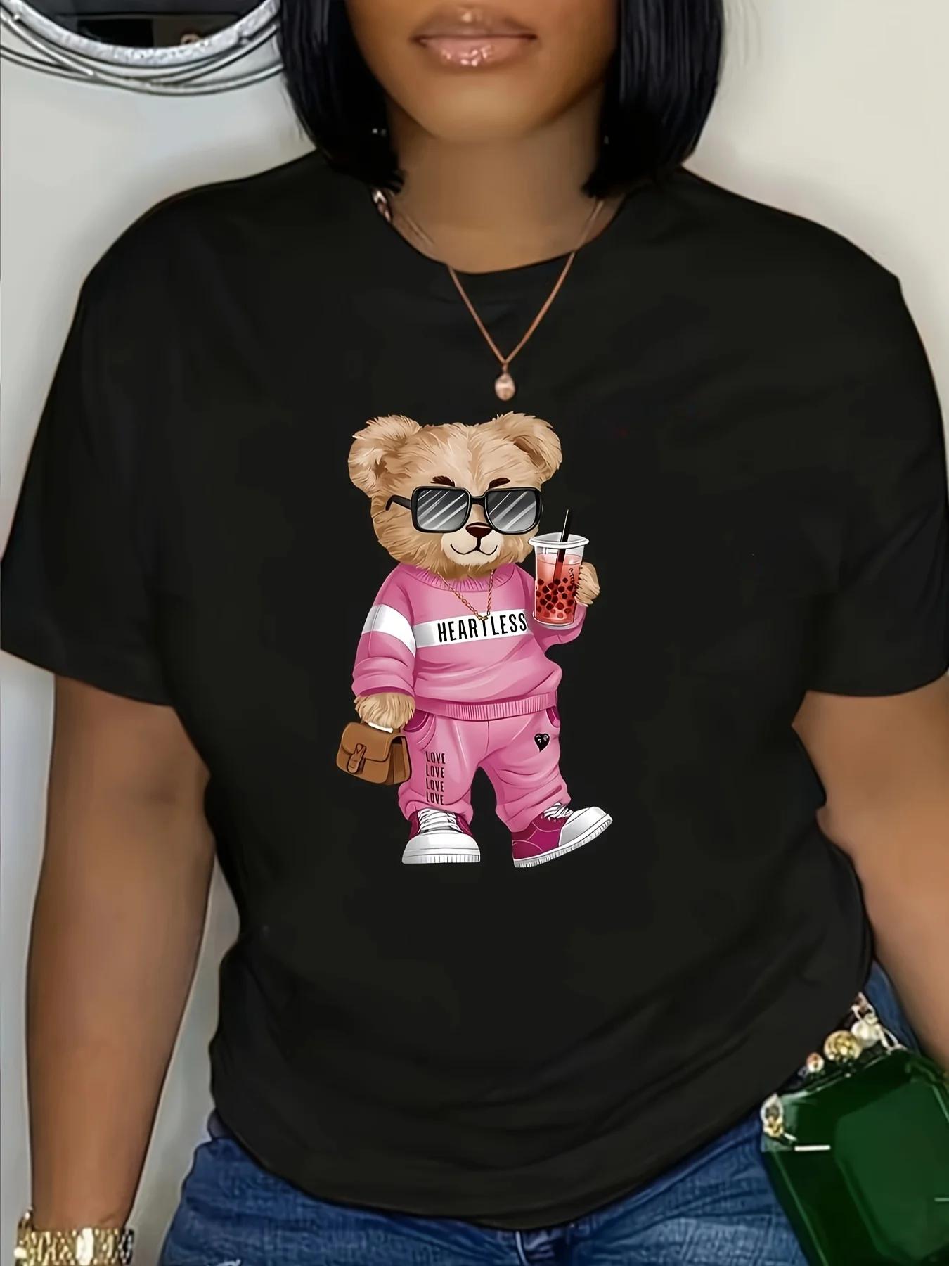 

Bear Prin Crew Neck Regular Fit Camiseta de moda para todas las estaciones Camiseta casual de poliéster para mujer con dibujos S