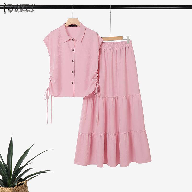 ZANZEA Women Summer Short Sleeve Blouse and Long Skirts Casual Two Piece Suit Sets