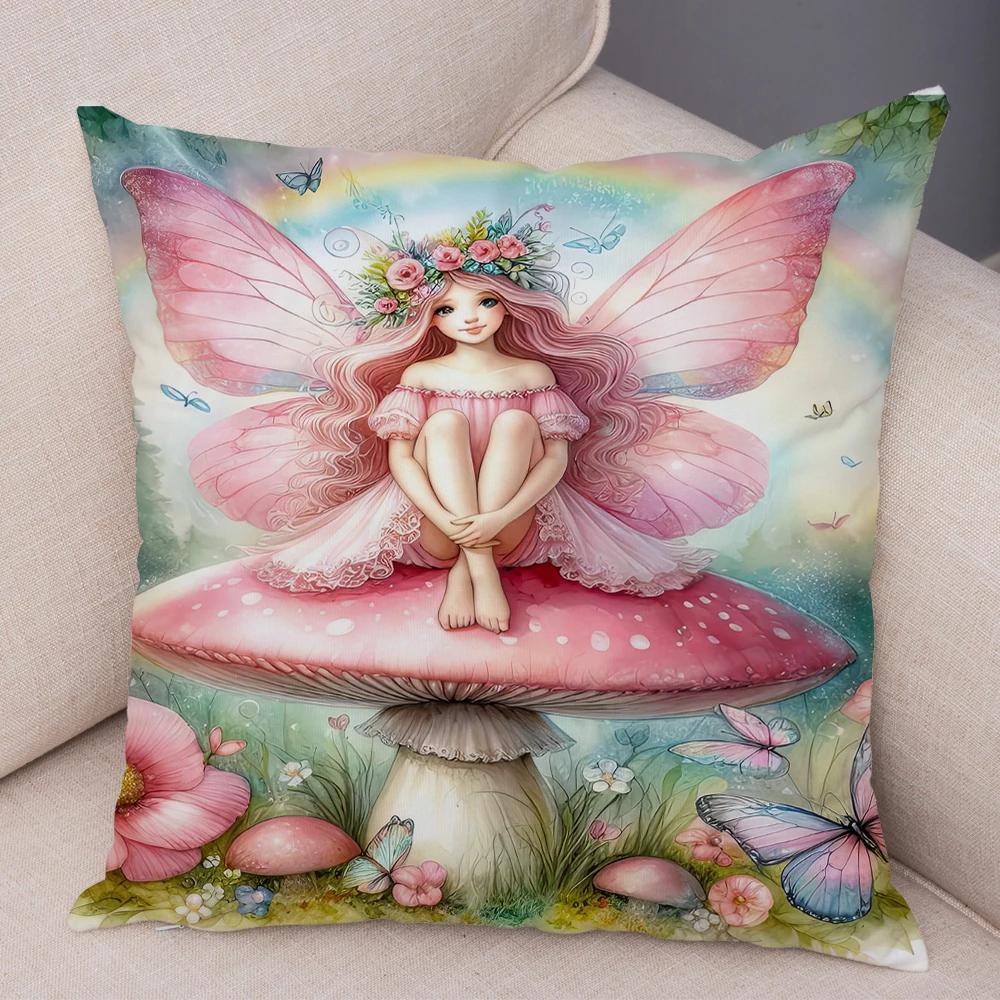 Niedlicher Cartoon Waldmädchen Elfen Kissenbezug Doppelseitig bedruckter Kissenbezug Deko für Sofa Zuhause Superweicher Plüsch Kissenbezug 40x40cm