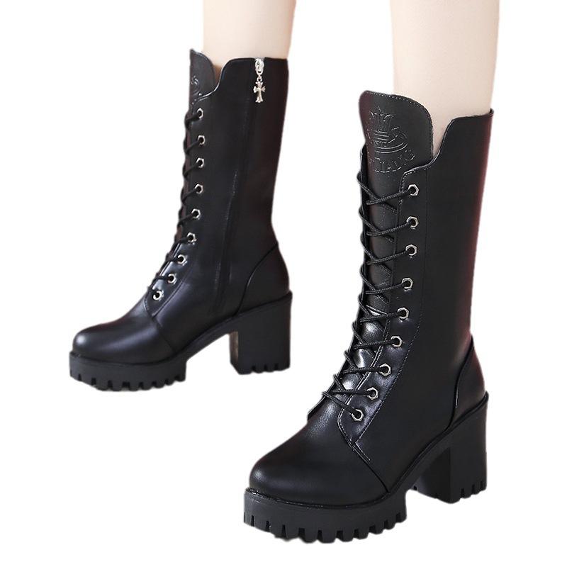 Plus Size Mid Calf Motorcycle Boots Winter New Martin Boots Women Chunky Heel Platform Military Boots