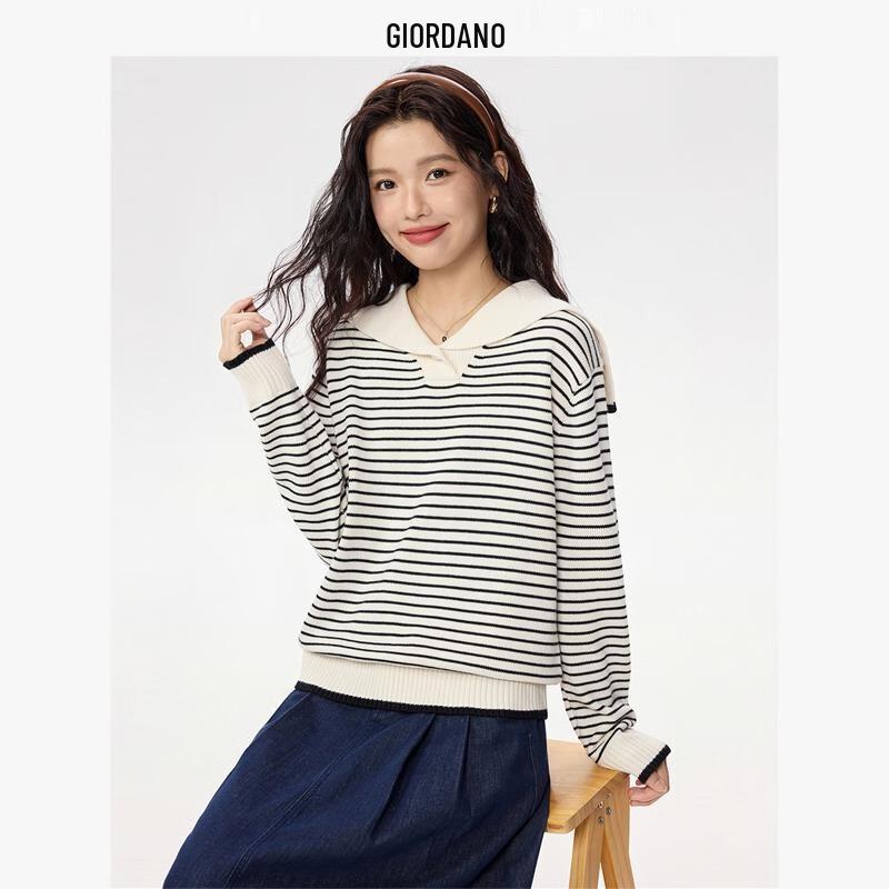 Женский вязаный свитер в полоску с цветовыми блоками и матросским воротником M