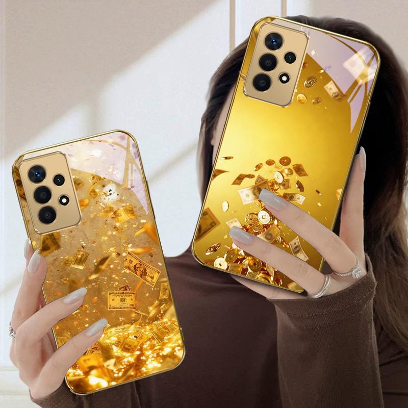 Golden Wealth Symbol For Samsung A36 A35 A34 A33 A32 A31 A26 A25 A23 A22 A21s A73 A72 A71 A42 A56 A13 16 Golden Glass Phone Case