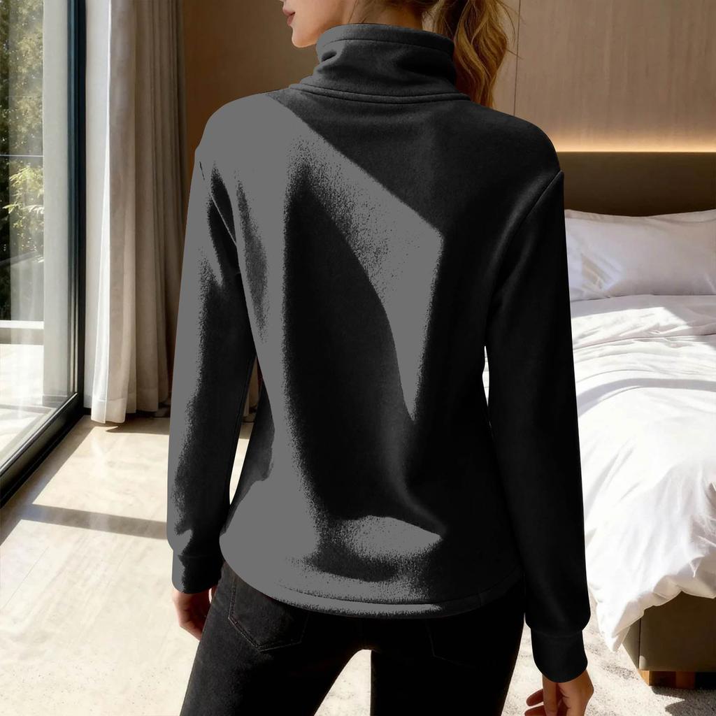 Women's Casual Fashion German Velvet Warm Solid Color Half Zip Stand Collar Long Sleeve Top