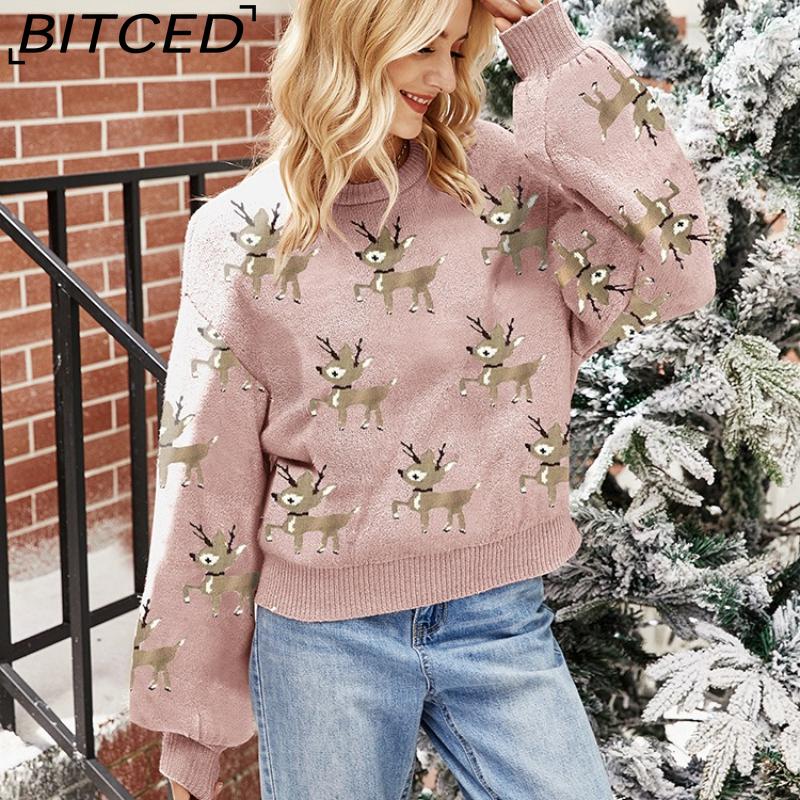 BITCED Women's Red Christmas Sweater with Deer Jacquard Pattern Relaxed Fit, Cute Long-Sleeved Pullover Knit