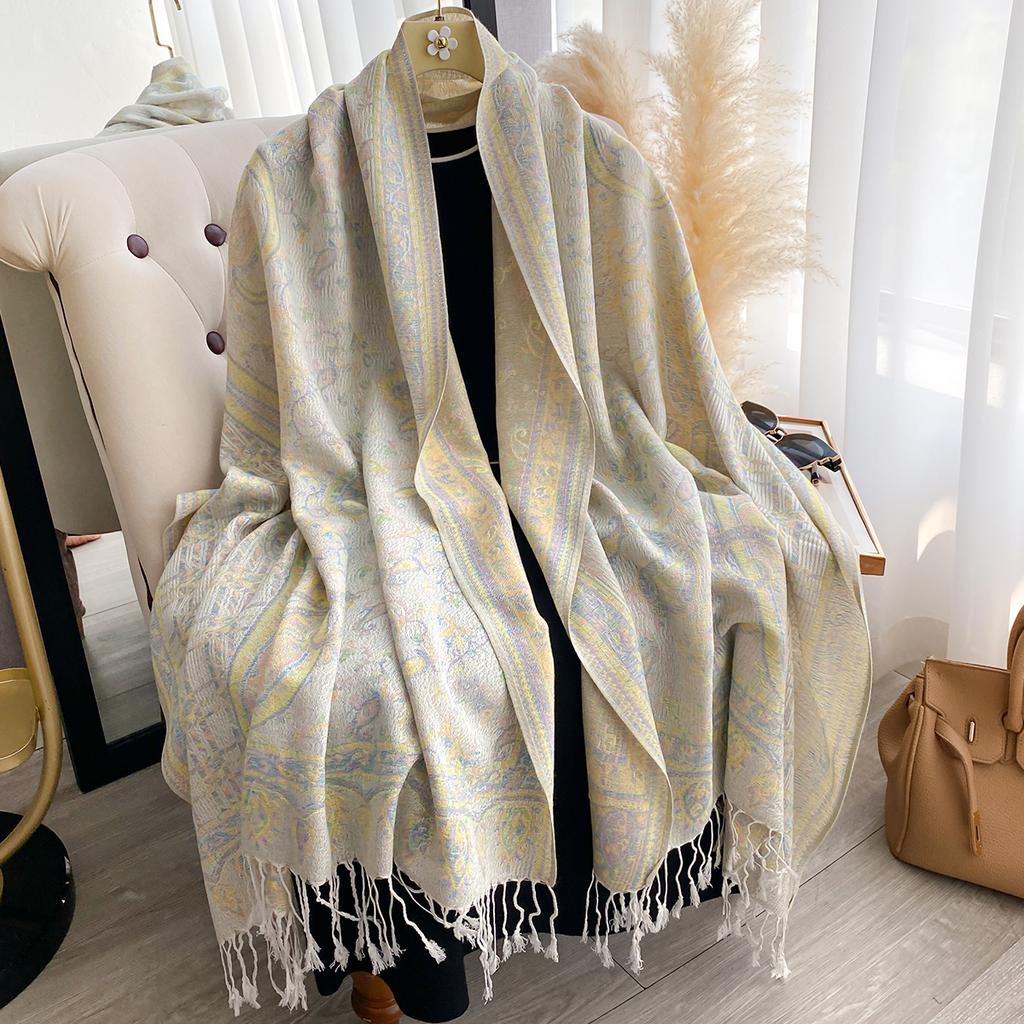 Fashion Women'S Winter Warm Cashmere Shawl - Vintage Floral Oil Painting Printed Tasseled Pashmina Thick Wrap
