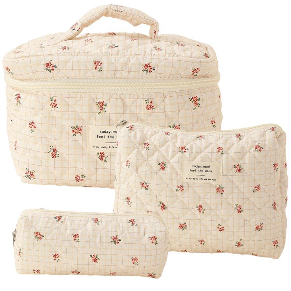 Hand-held makeup bag large capacity small floral storage bag portable quilted cotton fabric cute flowers travel bag