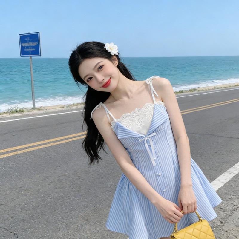 Summer Stripe Spliced Aline Dress With Sleeveless Design For Casual Women