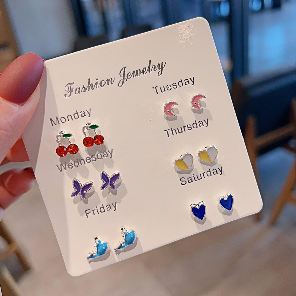 New small fresh one-week stud earrings set 1 pair combination Korean version sweet love bow fairy temperament earrings