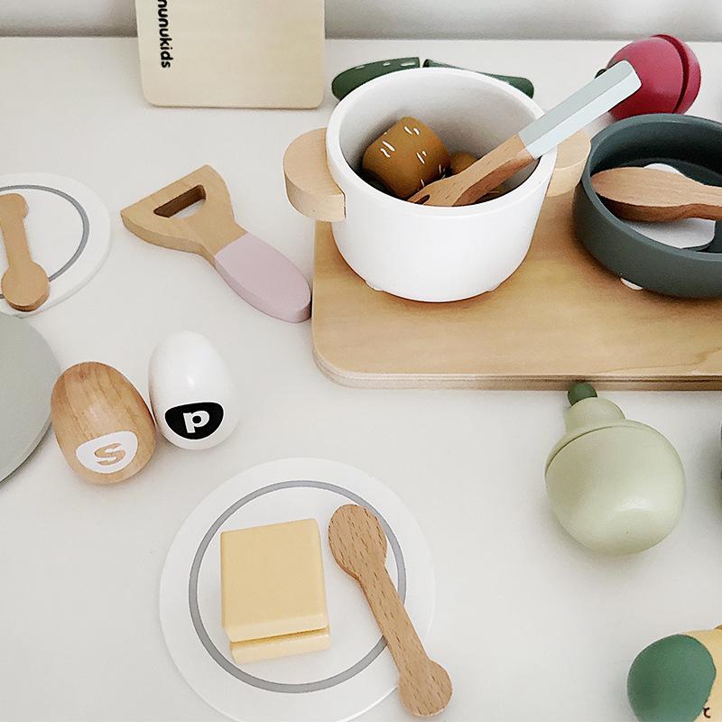 Nordic Kids' Wooden Play Kitchen Set: Fruits, Vegetables & Cooking Tools