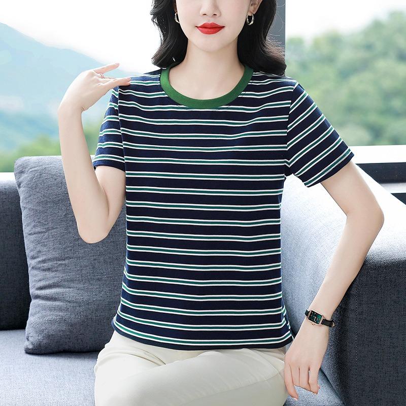 Striped Short-sleeved T-shirt Women's Round Neck Half-sleeved Shirt Summer Plus Size Loose Top
