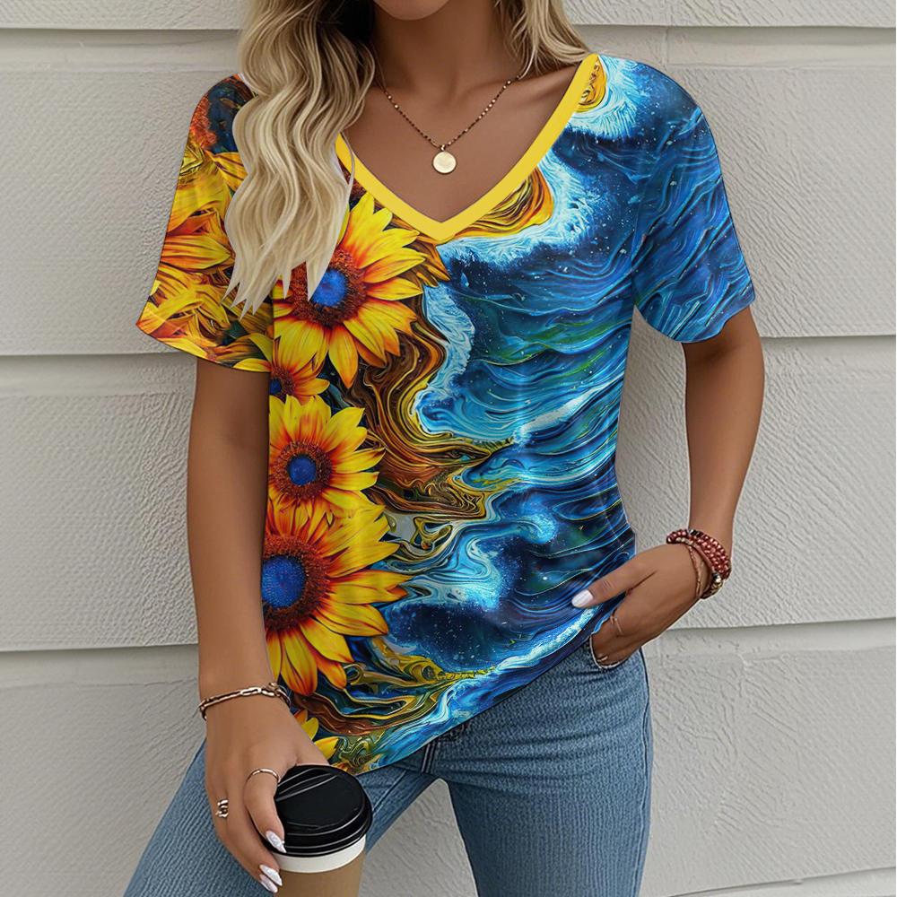 Summer Women's T-Shirt Sunflower Print Outdoor Retro Fashion Casual Oversized V-Neck Y2k Short-Sleeved Women's Clothing