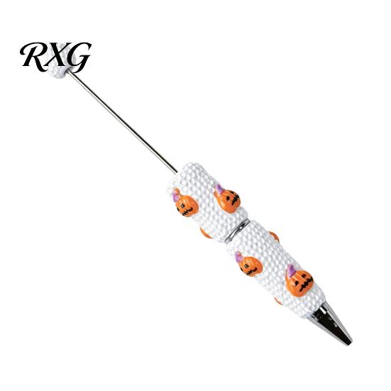 Pumpkin Shaped Ballpoint Pens Halloween Rhinestone Beadable Pen, DIY Sparkly Cat Ghost Plastic Beaded Spooky Stationery Glitter Black Ink Pen