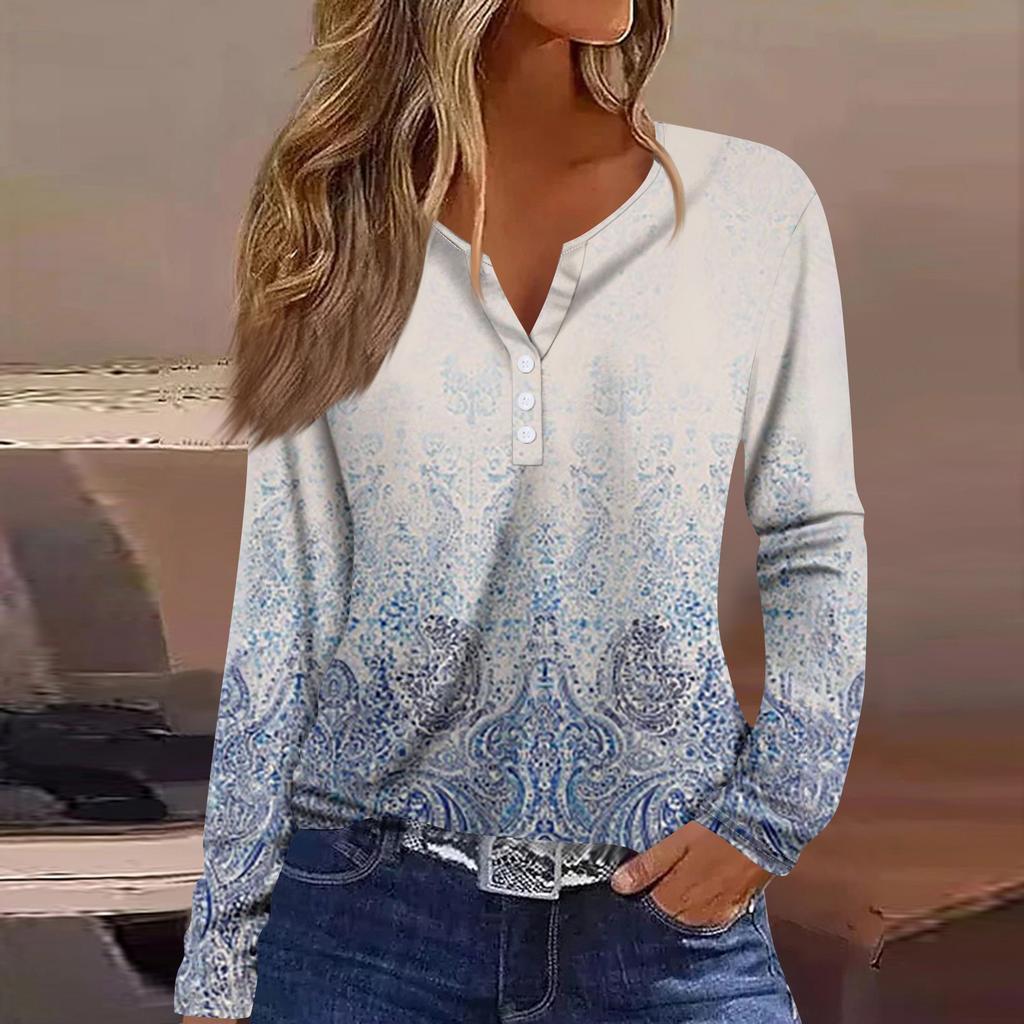 Dámská móda Ležérní květinový potisk Tričko s dlouhým rukávem, výstřihem do V, knoflíčkem, Top s dlouhým rukávem