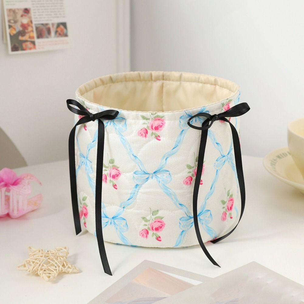 Ins Style Quilted Storage Basket Sweet Bow Cosmetics Snacks Storage Box Student