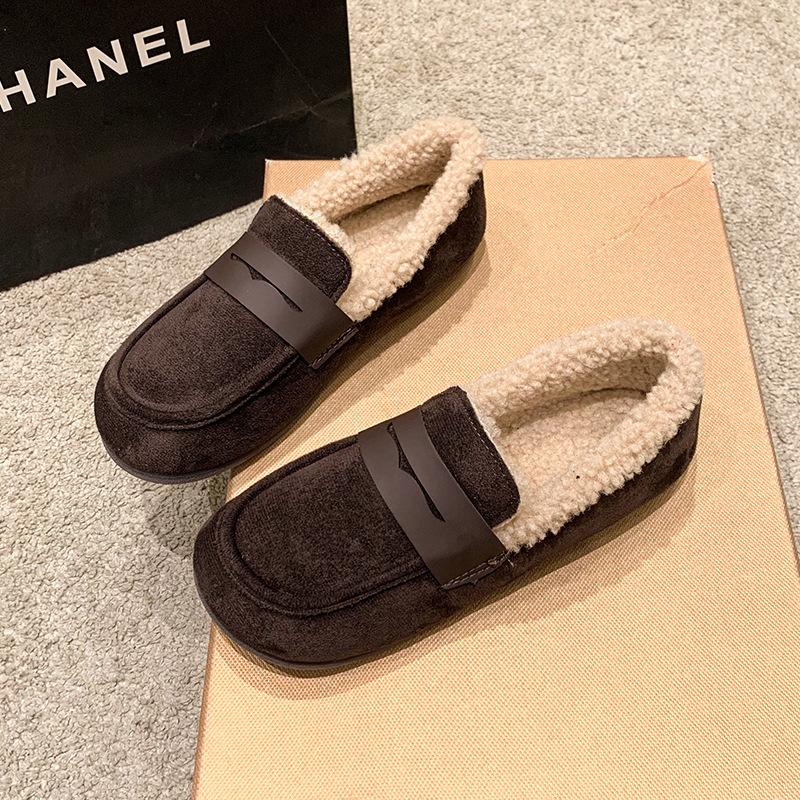 Soft-soled soft leather velvet warm small single shoes autumn and winter flat-bottomed round head simple Doudou cotton shoes