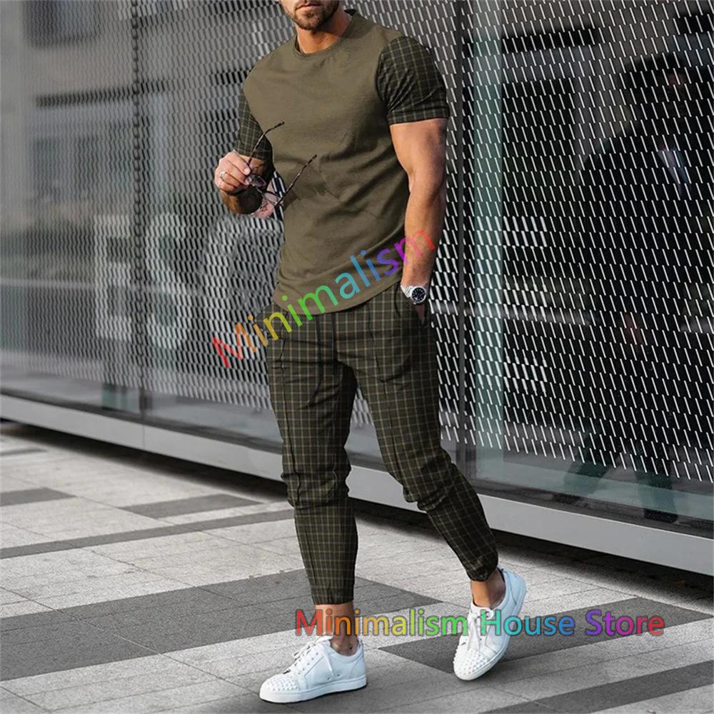 Fashion Men Trousers Tracksuit Stripe Printed Jogger Sportswear Short Sleeve T Shirt +Long Sweatpants 2 Piece Sets Men Clothes
