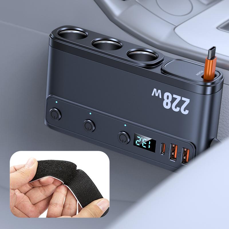 SEAMETAL 9 IN 1 228W USB C Car Charger Adapter QC3.0 With PD45W Telescopic Cable LED Voltage Display 12V/24V