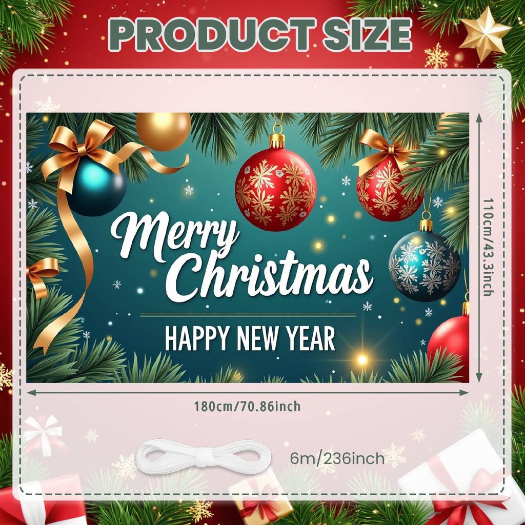 Merry Christmas Banner Colorful Ornaments Holiday Banner Christmas Party Banner Gold Bows For Indoor Decoration Office Home