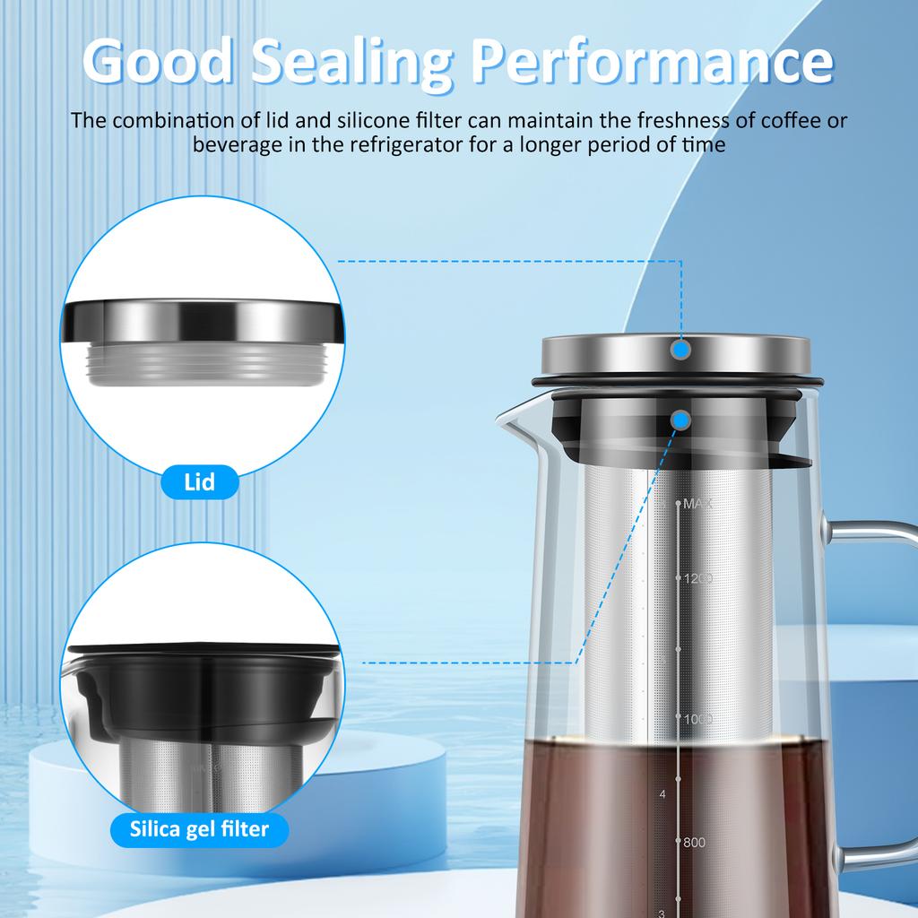 Coffee Pitcher Airtight Cold Brew Iced Coffee Maker and Tea Infuser 1400ml Glass Carafe with Removable Stainless Steel Filter