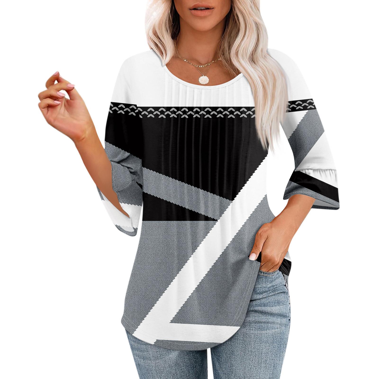 

Жіночі топи з рукавом 3/4, літні плісировані сорочки з круглим вирізом, модні ошатні повсякденні блузки-туніки вільного крою S чорний