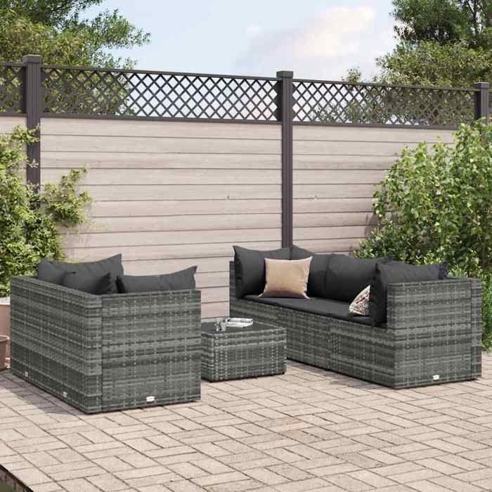 VidaXL Salon de jardin 6 pcs avec coussins Gris Résine tressée, ensemble de canapés d'extérieur, canapé d'angle de jardin, 3308018