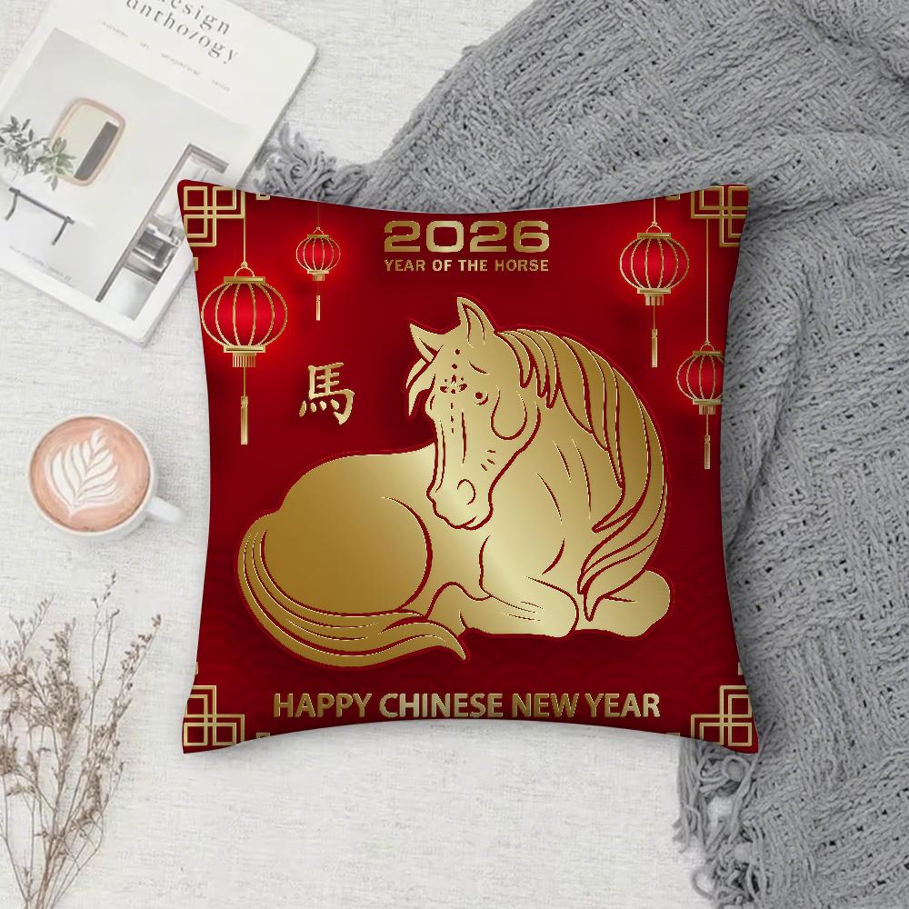 Chinese New Year Horse Pillow Case Square Double-Sided Printing Sofa Cushion Cover Pillowcase Bedroom Bedside