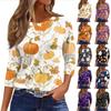 Women 3/4 Sleeve Casual Loose Fit Shirt Round Neck Halloween Print Top Lightweight Comfortable Fabric