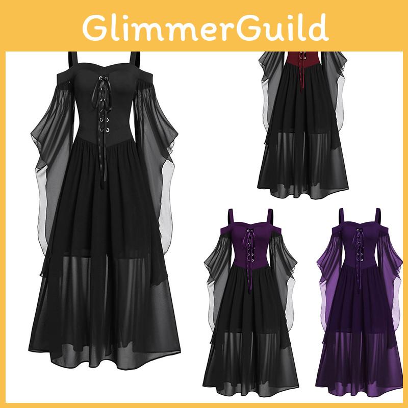 Halloween Witch Dress Gothic Medieval Cosplay Costume Off Shoulder High Quality Polyester Fabric