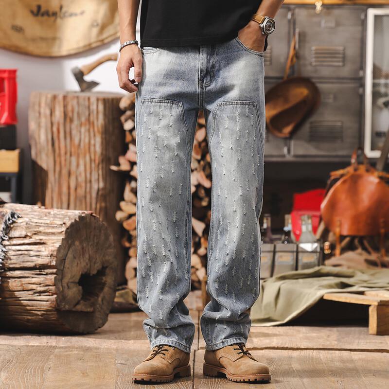 Мужские светло-голубые прямые джинсы Jieleinuo с эффектом потертости 40