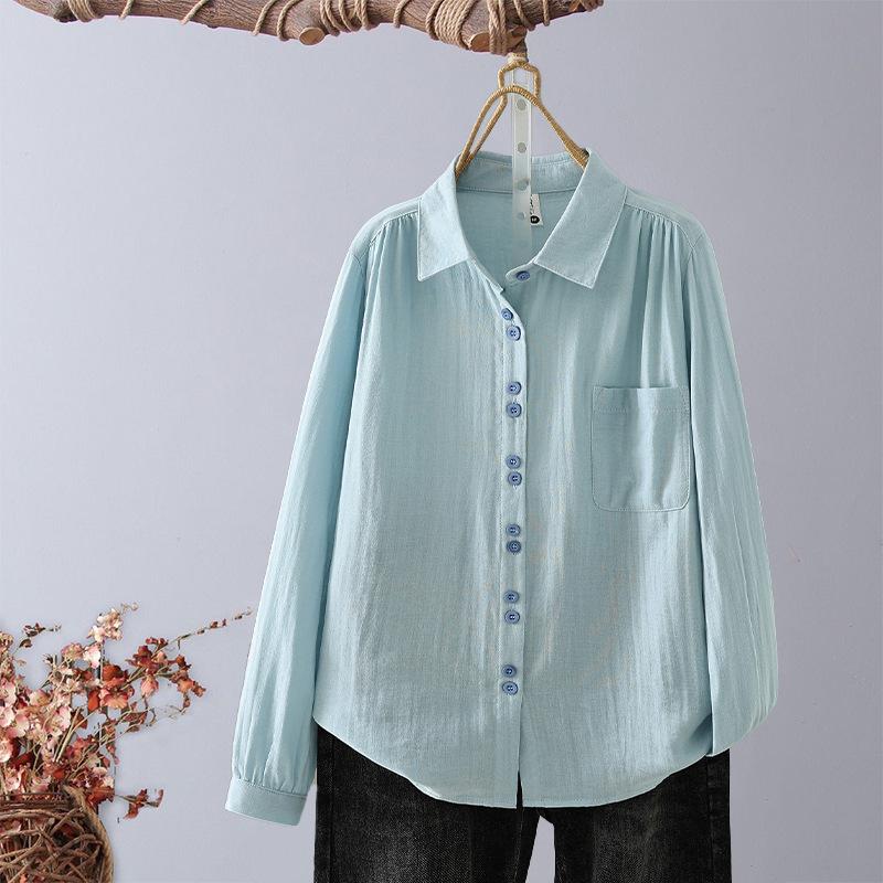 Pure cotton double-layer cotton yarn long-sleeved women's shirt, new loose casual style simple design lapel shirt top