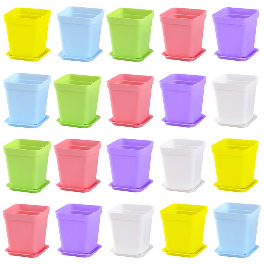 10pcs 7x7cm Plastic Square Flower Pot with Cover Garden Balcony Office Desktop Flower Pot Plant Growing Container
