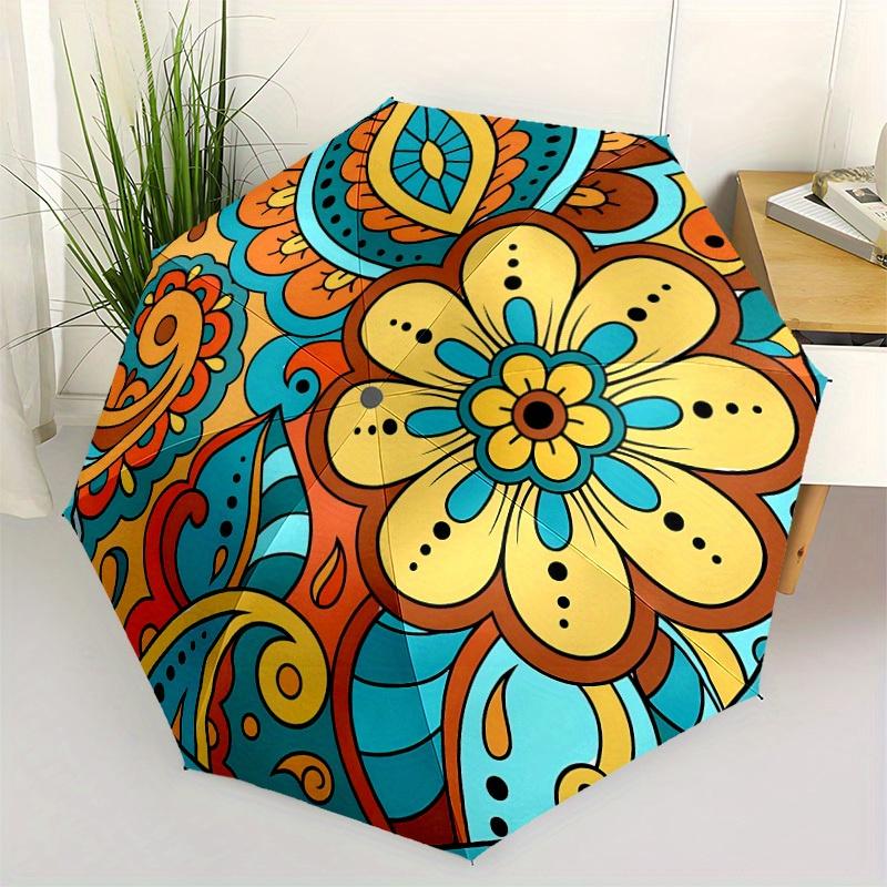 1pc Floral Mandala Design Automatic Open/Close Umbrella, Umbrella with Cartoon Design, Portable Compact Umbrella for Men & Women, Good Holid