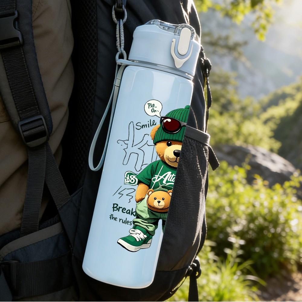 1PC Teddy Bear Green Army Outfit Print 750ml Color Plastic Sports Water Bottle Leakproof Flip Straw Lid Suitable for Sports Office Home Use