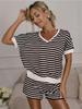 European and American Women's Stripe Knit Two-Piece: Loose Sweatshirt & High-Waisted Shorts Set