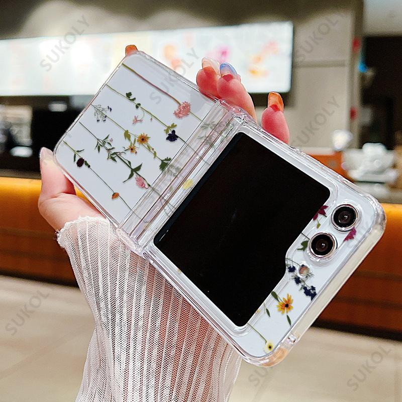 Flower Pattern Clear Case For Samsung Galaxy Z Flip 7 FE 6 5 4 3 Transparent Hard Folding Cover For Samsung Z Flip5 Flip4 Flip6