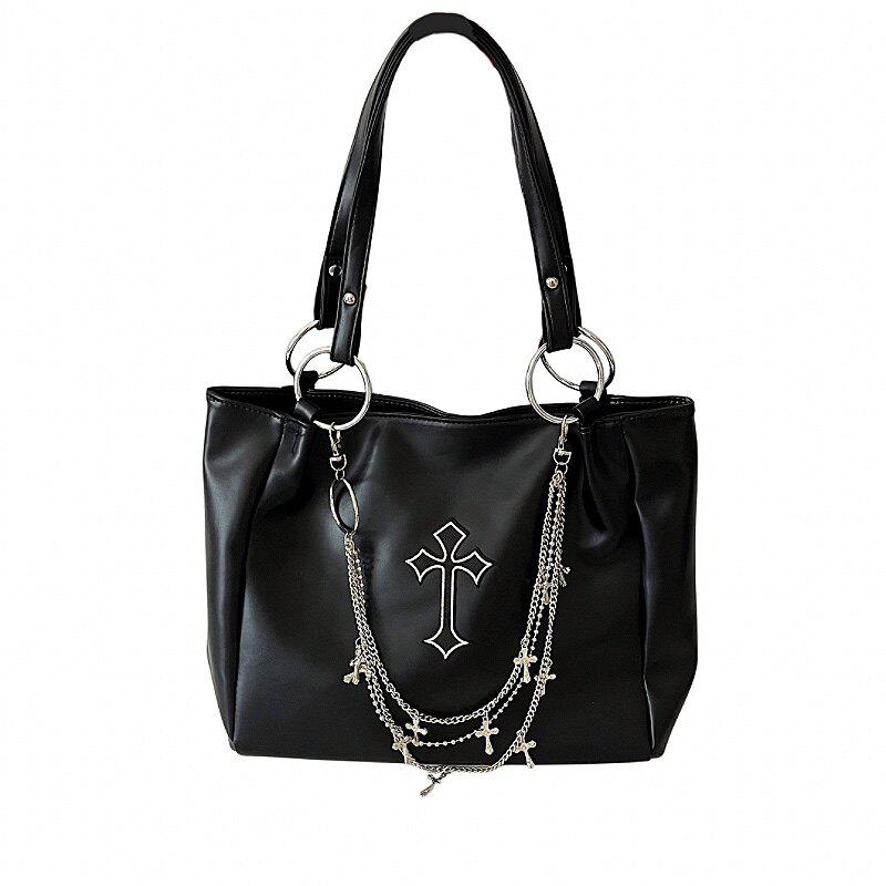 Gotische Zwarte Gewatteerde Tote Bag voor Dames Grote Capaciteit Y2K Ketting Schouder Handtas zwart