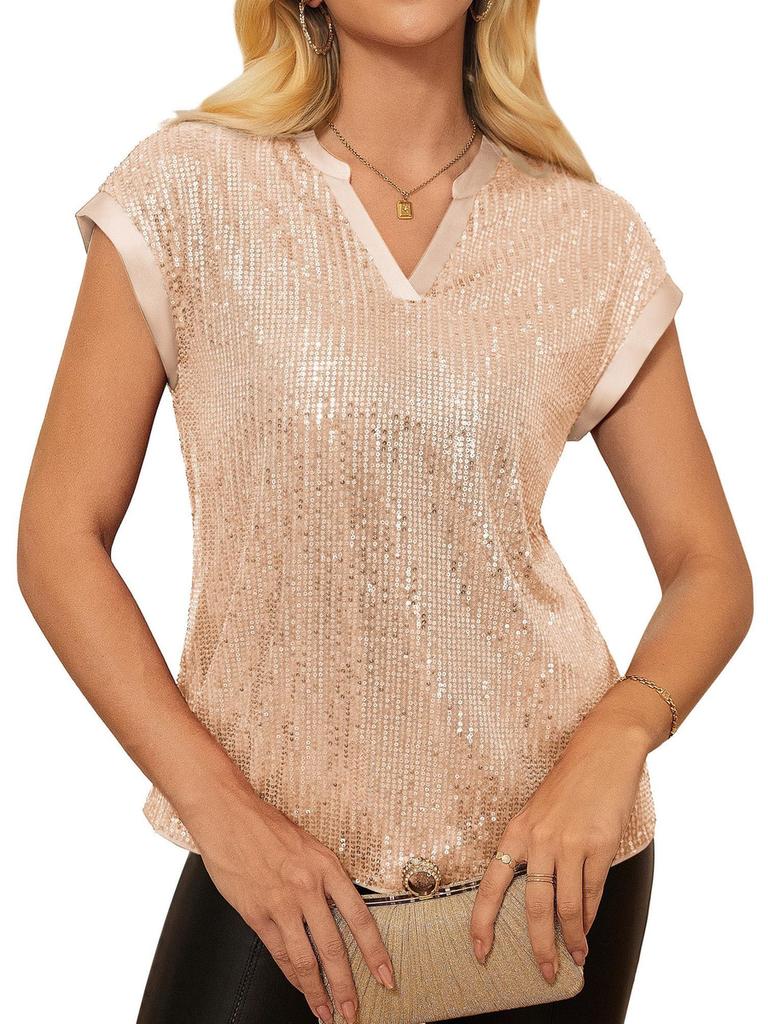 Women's Summer New Fashion Shiny Sequins V-Neck Short Sleeve Party Top Blouse for Women