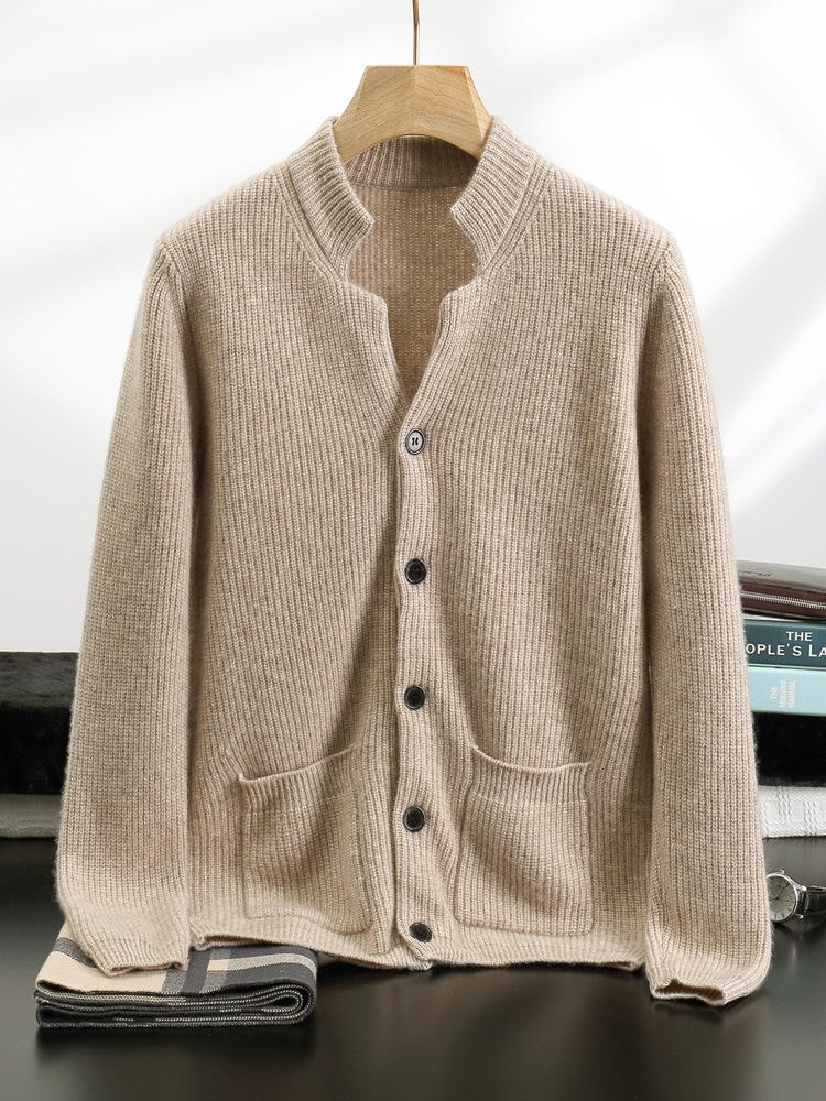 Autumn And Winter Men'S Clothing Thickened Stand-Up Collar Solid Color Cashmere Jacket Loose Casual Middle-Aged Cashmere Knitted Cardigan