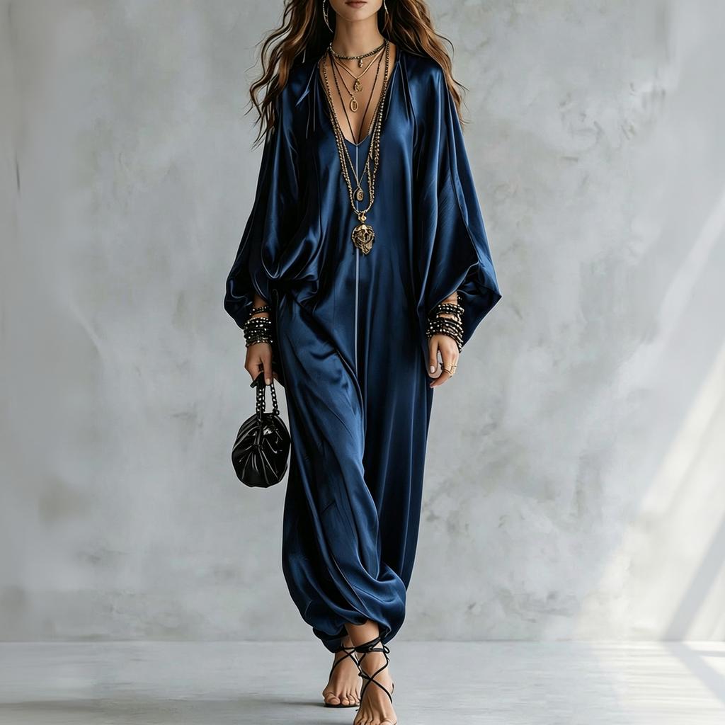 Women's Elegant Satin Jumpsuit Plus Size Loose Fit Casual Long Robe